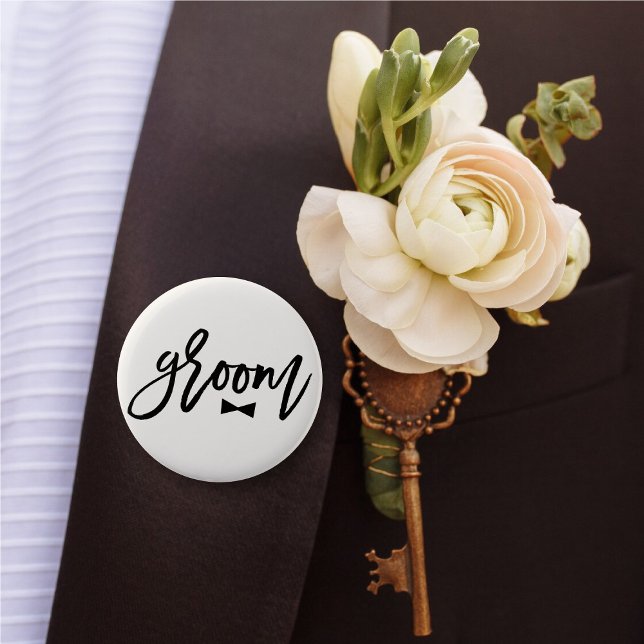 Groom Black Brush Script Bow Tie Wedding Party 6 Cm Round Badge ('Groom' Bow Tie Black Brush Script Calligraphy Wedding Rehearsal Pin Button @ fatfatin_blue_knot)