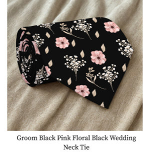 Groom Black Pink Floral Black Wedding Tie