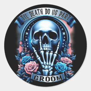 Groom bride skeleton gothic halloween engagement classic round sticker