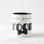 Groom Cute Personalised Wedding   Two-Tone Coffee Mug<br><div class="desc">Groom in big bold letters and a black bow tie personalised wedding coffee or tea mug.  Fill in your text in the template.   Available in different sizes and styles.  A Bride mug is available in my gallery.</div>