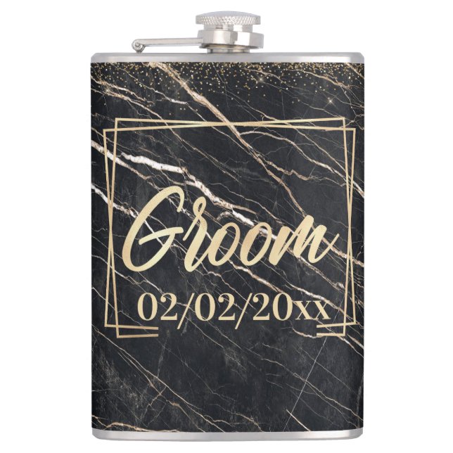 Groom Elegant: Golden Marble Celebration Hip Flask (Front)