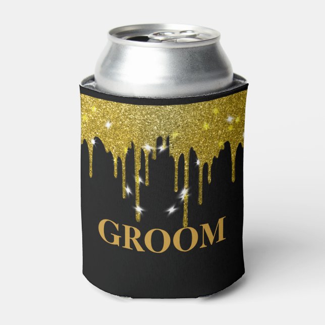GROOM For Him Wedding Black Gold Dripping Can Cooler (Can Front)