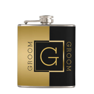 Groom Gold & Black Modern Geometric Design Hip Flask