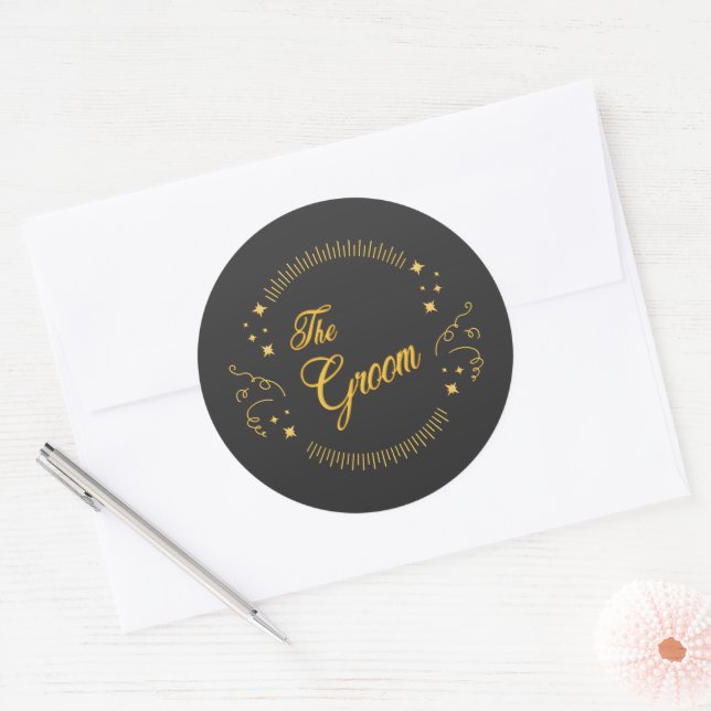 Groom Gold Wedding Elegant Script Gold Black Classic Round Sticker (Envelope)