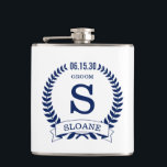 Groom Initial Hip Flask<br><div class="desc">This 6 oz. flasks is perfect for the groom. It is traditional yet modern with a blue laurel wreath and banner with the wedding date, title/job and first initial and first name all in blue. It'd be great for a bachelor party or weekend. Get one for everybody in the bridal...</div>