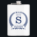 Groom Initial Hip Flask<br><div class="desc">These 8 oz. flasks is perfect for the groom. It is traditional yet modern with a blue laurel wreath and banner with the wedding date, title/job and first initial and first name all in blue. They'd be great for a bachelor party or weekend. Get one for everybody in the bridal...</div>