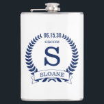 Groom Initial Hip Flask<br><div class="desc">These 8 oz. flasks is perfect for the groom. It is traditional yet modern with a blue laurel wreath and banner with the wedding date, title/job and first initial and first name all in blue. They'd be great for a bachelor party or weekend. Get one for everybody in the bridal...</div>