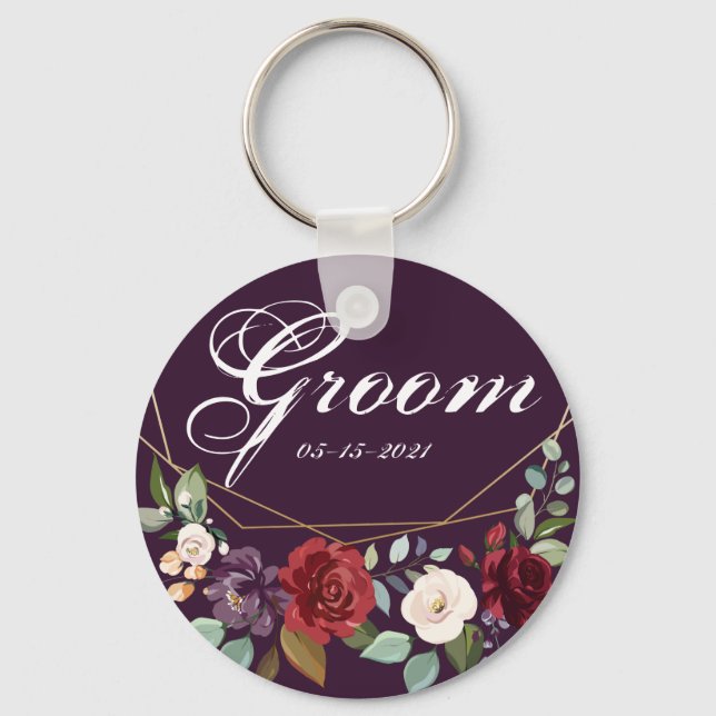 Groom Key Chain Plum Purple Roses Gold Geometric (Front)