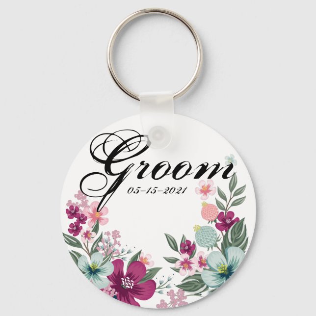 Groom Key Chain Tropical Flowers on White (Front)