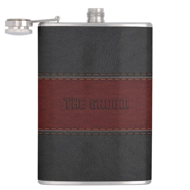 Groom Masculine Red & Black Leather Texture Hip Flask (Opened)