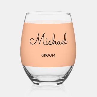 Groom Monogrammed Stylish Custom Wedding Peach Stemless Wine Glass