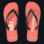 Groom Mr. Coral Thongs<br><div class="desc">Bright coral with Mr. and Last Name written in white text and date of wedding in turquoise blue to personalise with black accents.  Beach destination or honeymoon flip flops for the new groom.  Original designs by TamiraZDesigns.</div>
