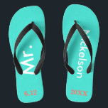Groom Mr. Turquoise Blue Thongs<br><div class="desc">Bright turquoise blue with Mr. and Last Name written in white text and date of wedding in coral to personalise with black accents.  Beach destination or honeymoon flip flops for the new groom.  Original designs by TamiraZDesigns.</div>