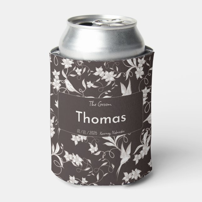 Groom on dark floral pattern Wedding Party Can Cooler (Can Front)