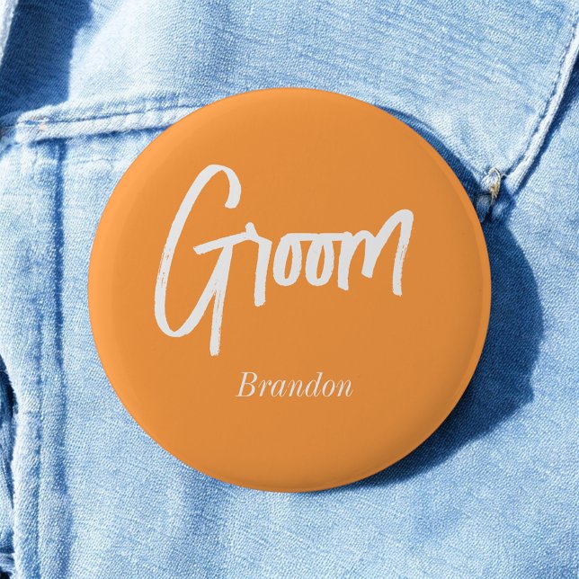 Groom Orange White Script Wedding  6 Cm Round Badge (Creator Uploaded)