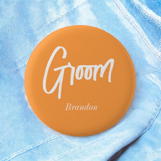 Groom Orange White Script Wedding  6 Cm Round Badge (Creator Uploaded)