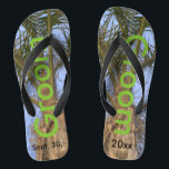 Groom Palm Trees Blue Sky Thongs<br><div class="desc">Cool Palm Trees with a Pretty Blue Sky in the background Unisex Flip Flops with Groom written in a nice green colour text, and Date of Marriage in black text. PERSONALIZE with your Wedding DATE (or delete text). Feel the ocean breeze and tropics beneath your feet. Shown with Wide Black...</div>