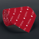 Groom - Repeating White Text on Red Tie<br><div class="desc">This fun neck tie is the perfect accessory for the groom at your wedding. It features a simple yet elegant design with the word "Groom" written in a decorative all capital white font, and repeating in a diagonal pattern with diamond separators on a red background. Perfect for adding a unique...</div>