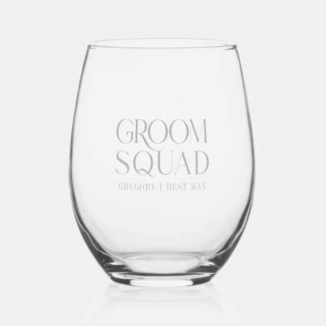 Groom Squad Best Man Elegant Light Grey Typography Stemless Wine Glass (Front)