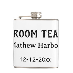 Groom team groomsman name date bachelore party hip flask