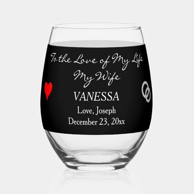 Groom to Bride Monogram Black Red Heart Stemless Wine Glass (Front)