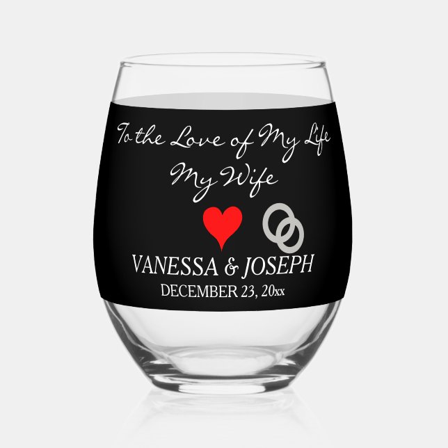 Groom to Bride Monogram Black Silver Rings Stemless Wine Glass (Front)