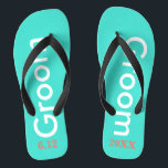 Groom Turquoise Thongs<br><div class="desc">Groom is written in white text against bright turquoise blue with black accents. Personalise with date of wedding in coral. Cool beach destination or honeymoon flip flops. Original designs by TamiraZDesigns.</div>