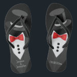 Groom Tuxedo Custom Thongs<br><div class="desc">Groom tuxedo flip flops! Personalise and add the bride and groom names. The wedding date,  as well. Bride flip flops are also available.</div>