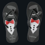 Groom Tuxedo Custom Thongs<br><div class="desc">Groom tuxedo flip flops! Personalise and add the bride and groom names. The wedding date, as well. Bride flip flops are also available.</div>
