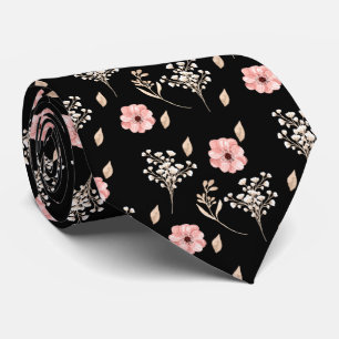 Groom Watercolor Pink Floral Black Wedding  Tie