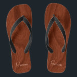 Groom Wedding Day Rustic Wood Look Beach Honeymoon Thongs<br><div class="desc">Rustic wood look groom thong sandals flip flops perfect for beach weddings- Reads Groom in elegant, pastel lettering at the bottom. Elegant, rich mahogany woodgrain pattern look background. Note: Wood is printed image. Rustic wedding favours for bridal party members. Just change text templates to create your own personalised wedding party...</div>