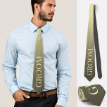 Groom wedding Engagement elegant fashion item Tie<br><div class="desc">Elevate Your Wedding Look with a Unique Custom Tie Looking for a fun yet sophisticated way to complete your wedding outfit or add a humourous touch to your engagement or wedding photos? Check out our beautiful custom tie, featuring the word "groom" in a soft beige-yellow hue on a gradient background...</div>