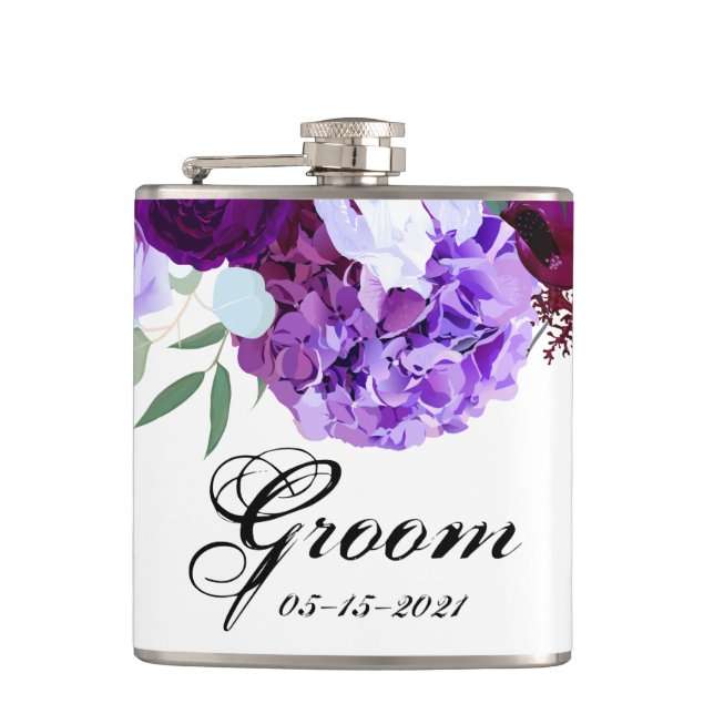 Groom Whiskey Flask Lavender Hibiscus on White (Front)