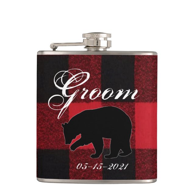 Groom Whiskey Flask Red Buffalo Plaid Bear Black (Front)