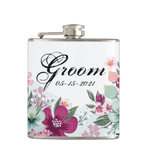 Groom Whiskey Flask Tropical Flowers on Blue Ombre