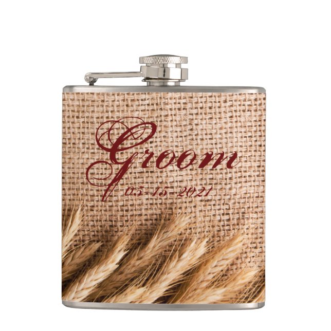 Groom Whiskey Flask Wheat on Burlap Sack Country R (Front)