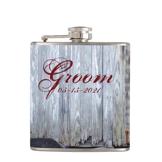 Groom Whiskey Flask White Wash Wood Barn Door Coun (Front)