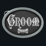 Groom with Bow Tie White and Black Type Oval Belt Buckle<br><div class="desc">Customise The Background To Your Favourite Colour!</div>