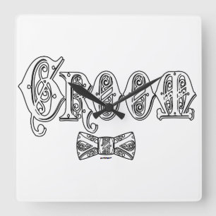 Groom with Bow Tie White and Black Type Square Wall Clock