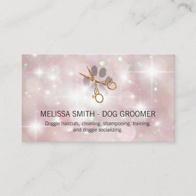 Grooming Scissors | Pink Bokeh | Sparkle Glow Business Card (Front)