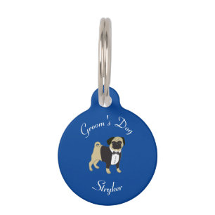 Groom's Dog with Pug in Tuxedo on Blue Pet Tag