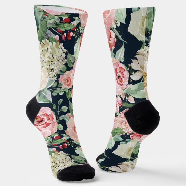 Grooms Pink Wedding Floral Bouquet on Black Socks (Angled)