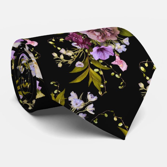 Grooms Purple Floral Bouquet on Black Tie (Rolled)