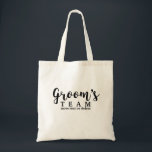 Groom's Wedding Team, Crew, Squad, Modern Script Tote Bag<br><div class="desc">Groom's Team or Bride's Team? Either way, your bridal party and guests are sure to love this fun personalised tote bag! A fun trendy script font adorns the front of the bag and below there's space for two lines of custom text - add the wedding date, location, etc. You can...</div>