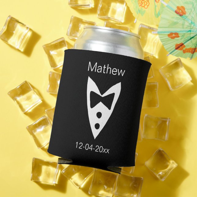 groomsman add name year black bow shirt tie tuxedo can cooler (In Situ Summer)