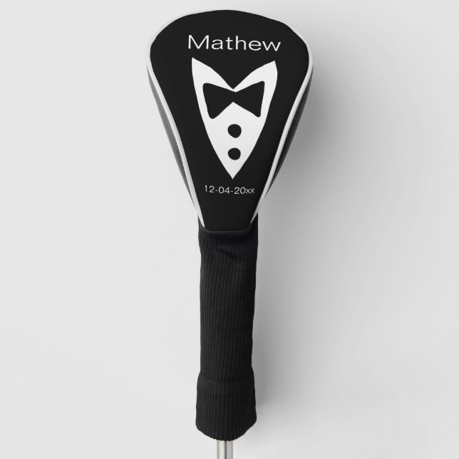 groomsman add name year black bow shirt tie tuxedo golf head cover (Front)