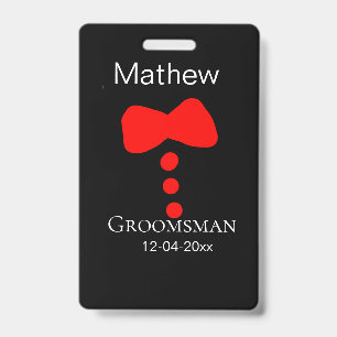 groomsman add name year black bow shirt tie tuxedo ID badge