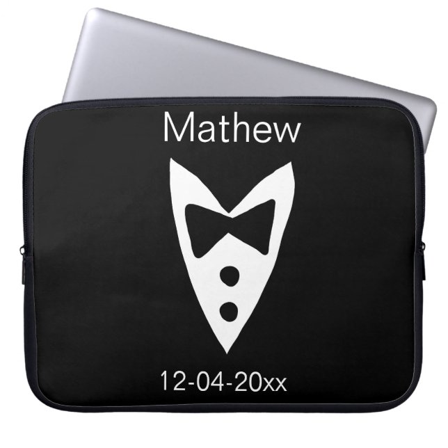 groomsman add name year black bow shirt tie tuxedo laptop sleeve (Front)