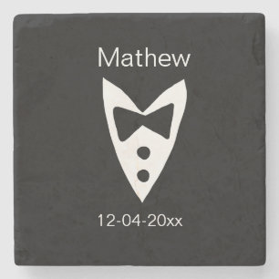 groomsman add name year black bow shirt tie tuxedo stone coaster