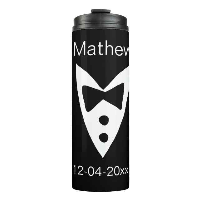 groomsman add name year black bow shirt tie tuxedo thermal tumbler (Front)